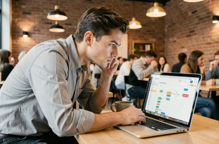 Jeune professionnel consultant le plan du site IQ Business sur un ordinateur portable dans un café co-working