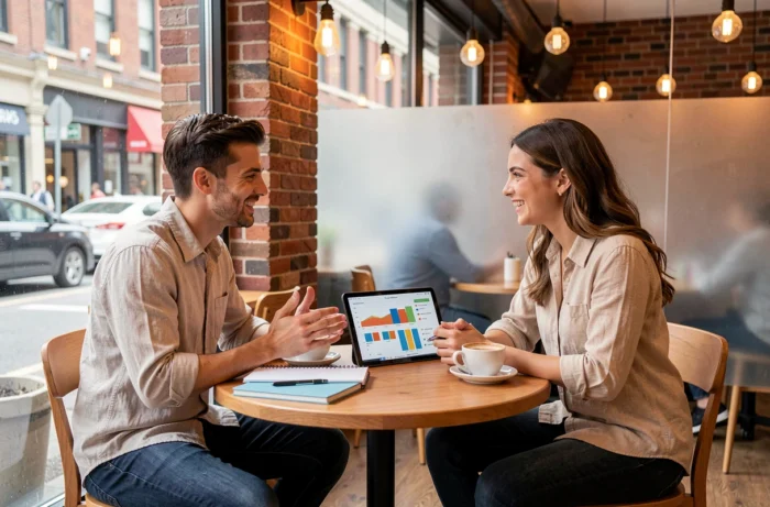 Deux jeunes entrepreneurs en discussion stratégique autour d'un projet innovant dans un café urbain