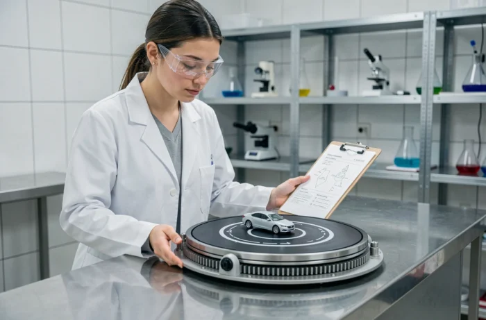 Chercheuse en laboratoire observant un mécanisme de plateau tournant illustrant le mouvement circulaire et la rotation axiale