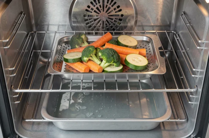 Légumes vapeur dans un four classique avec bac d'eau pour reproduire une cuisson à la vapeur