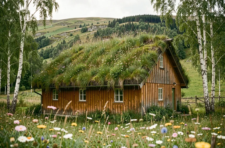 Maison traditionnelle norvégienne avec toit en gazon couvert de fleurs sauvages dans une vallée verdoyante