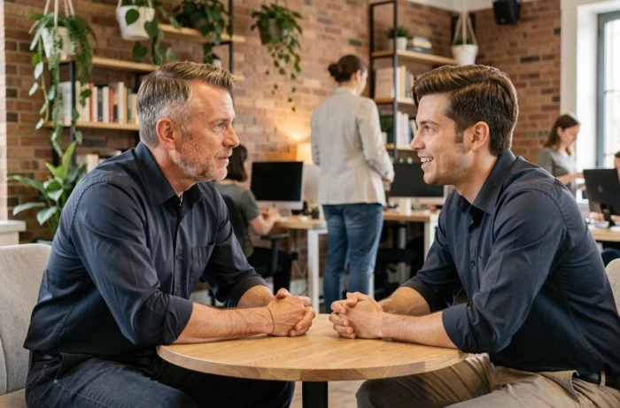 Manager expérimenté en session de coaching individuel avec un collaborateur dans un espace de travail moderne