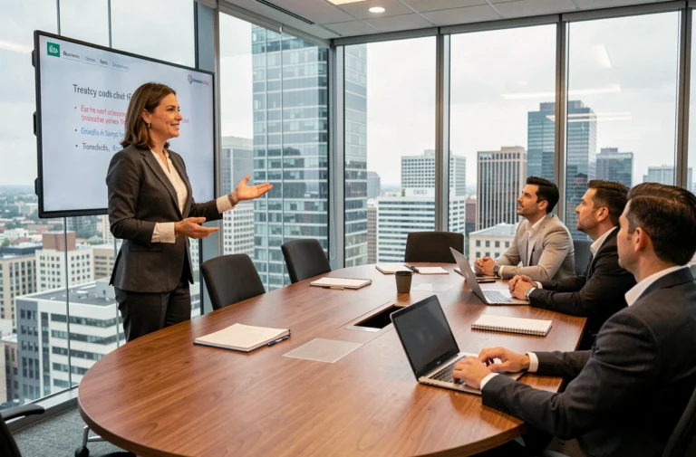 Manager femme dirigeant une réunion stratégique en salle de conférence moderne avec vue sur la ville