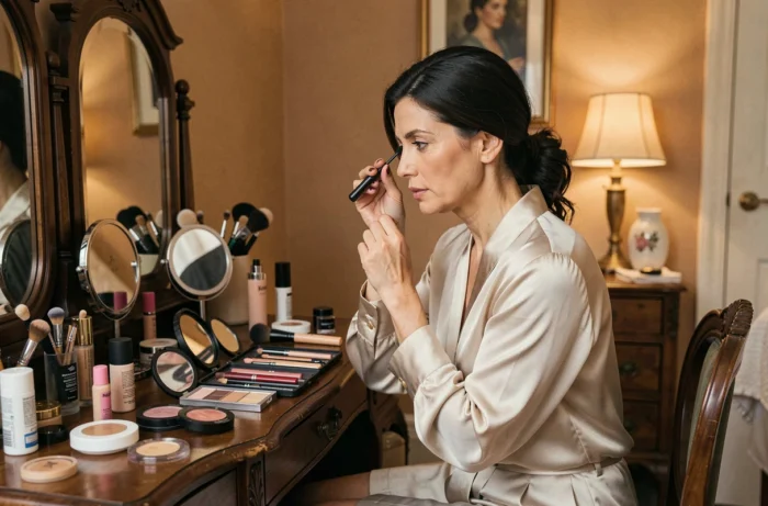 Femme appliquant du mascara devant une coiffeuse vintage entourée de produits de maquillage, conseils beauté et maquillage