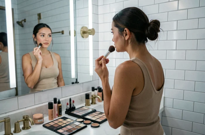 Femme appliquant du fond de teint devant un miroir de salle de bain entourée de produits de maquillage professionnels sur un comptoir organisé