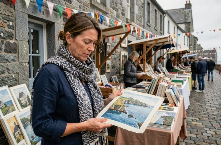 Femme parcourant un marché artisanal et culturel en plein air dans une ville bretonne en bord de mer