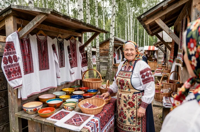 Marchande ukrainienne âgée vendant des broderies traditionnelles vyshyvanka et de l'artisanat local sur un marché folklorique