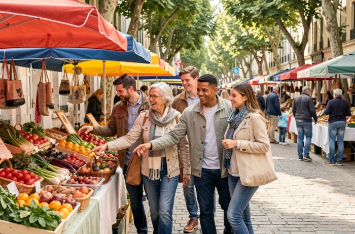 Famille multigénérationnelle explorant un marché de producteurs en plein air le week-end