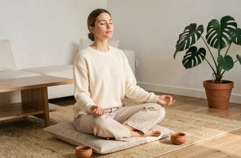 Femme pratiquant la méditation assise en tailleur dans un salon minimaliste et apaisant