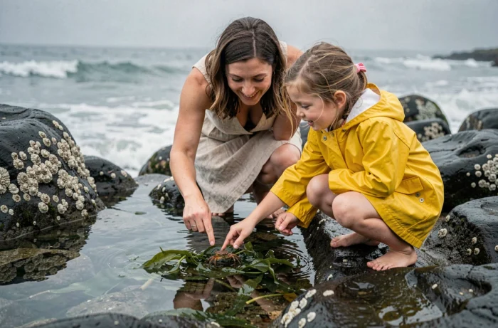 Mère et fille explorant un bassin de marée sur la côte rocheuse, découvrant un crabe lors d'une activité nature en famille