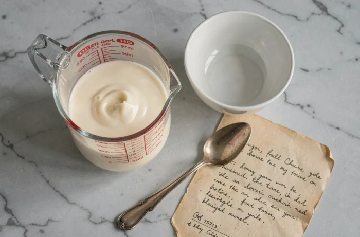 Vue aérienne d'un verre doseur avec de la crème liquide mesurant environ 97ml sur un comptoir en marbre gris, recette manuscrite à côté