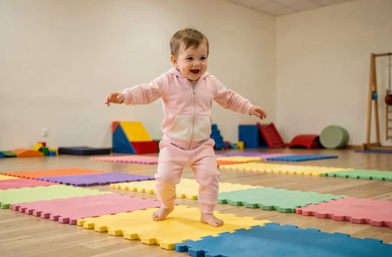 Tout-petit en survêtement pastel marchant sur des plots d'équilibre colorés dans une salle de sport adaptée aux enfants pour développer la motricité