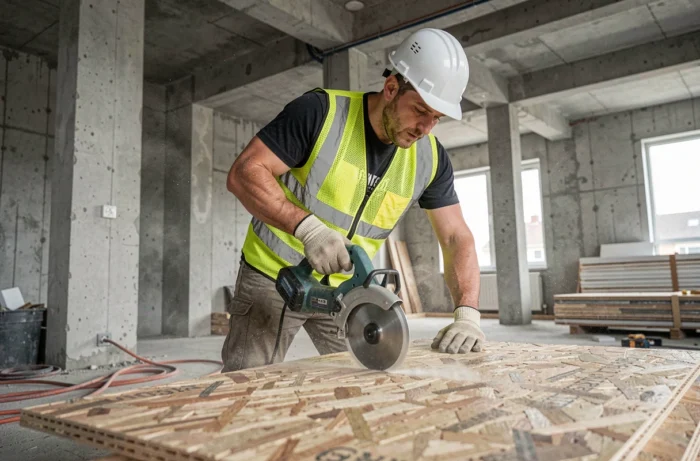 Ouvrier du bâtiment utilisant une scie circulaire Makita sans fil pour découper un panneau OSB sur un chantier de construction