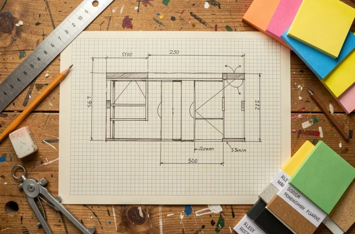 Vue aérienne d'un plan de site de bricolage dessiné à la main entouré d'outils de mesure sur un établi