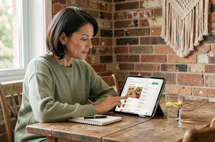Femme planifiant ses repas en naviguant sur la carte du site de recettes légères depuis une tablette à table