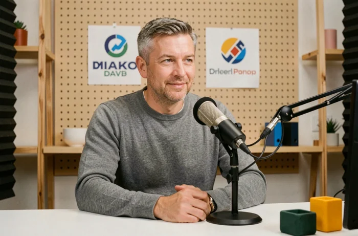 Entrepreneur enregistrant un podcast vidéo dans un studio de contenu de marque moderne