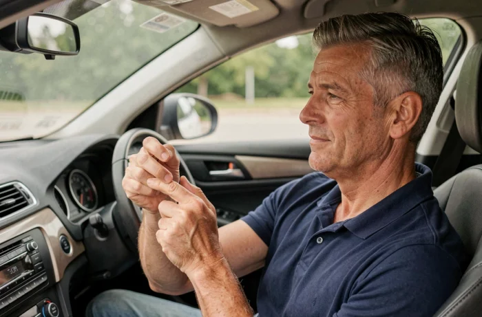 Homme utilisant le point d'acupression P6 au poignet contre le mal des transports en voiture