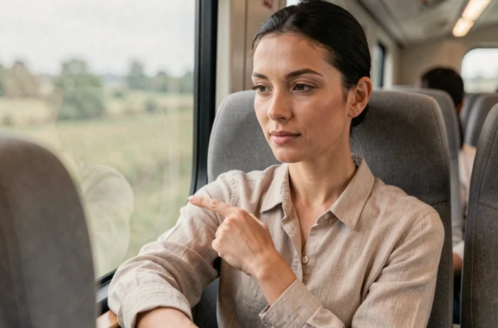 Femme appuyant sur le point d'acupression P6 au poignet pour soulager le mal des transports dans un train