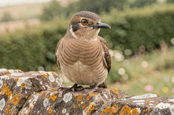 Portrait en gros plan d'un coucou gris posé sur un muret en pierre de jardin, plumage barré et œil ambré visibles