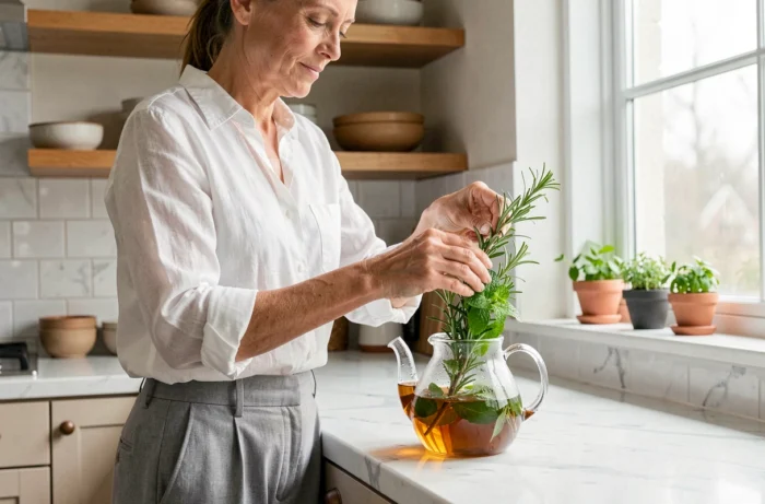 Femme préparant une tisane aux herbes fraîches dans une cuisine moderne pour favoriser la détente