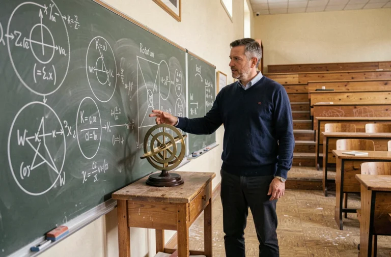 Professeur de physique expliquant la différence entre mouvement circulaire et rotation devant un tableau noir dans un amphithéâtre universitaire