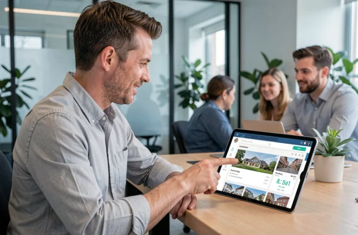 Professionnel présentant une plateforme d'investissement immobilier en ligne sur une tablette dans un espace de coworking