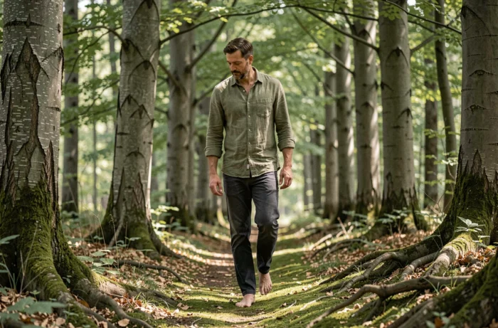 Homme se promenant sereinement sur un sentier forestier pour retrouver calme et bien-être