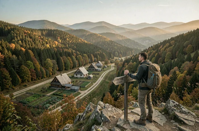 Randonneur admirant le panorama des montagnes des Carpates ukrainiennes en automne avec des villages traditionnels dans la vallée