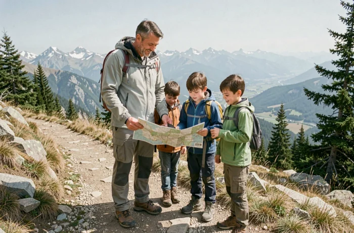 Père et fils en randonnée en montagne, lisant une carte sur un sentier alpin lors d'un voyage en famille en plein air