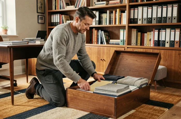 Homme organisant des rangements dans un bureau à domicile au style mi-siècle avec étagères intégrées