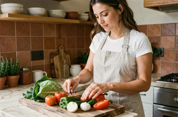 Femme préparant des légumes colorés dans une cuisine rustique pour une recette légère et équilibrée