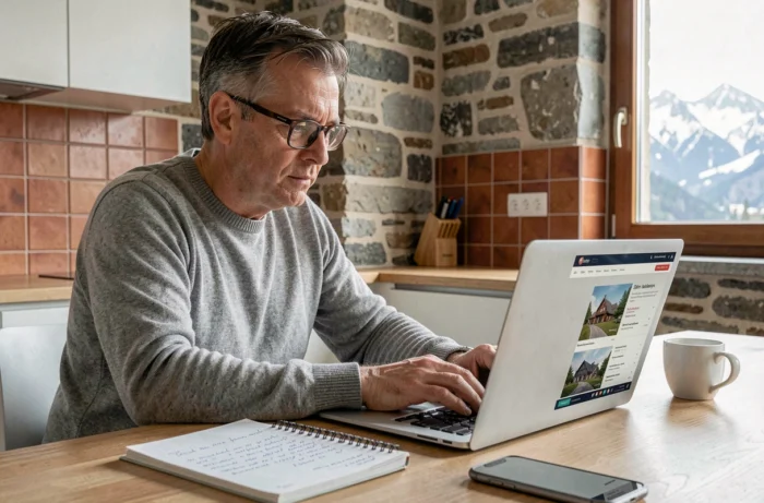 Homme recherchant une agence immobilière fiable en Isère sur son ordinateur portable depuis son appartement avec vue sur les Alpes