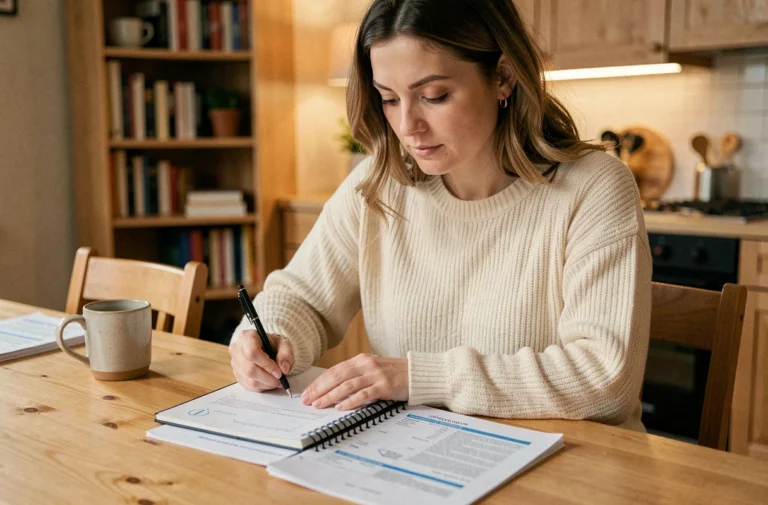 Femme consultant des annonces immobilières à une table en bois pour organiser sa recherche de location