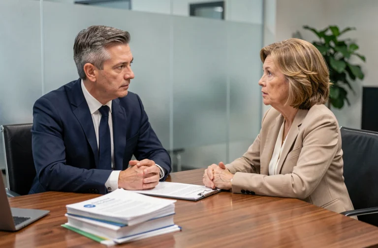 Responsable RH et employée senior en réunion pour discuter des conditions de refus de départ à la retraite en entreprise