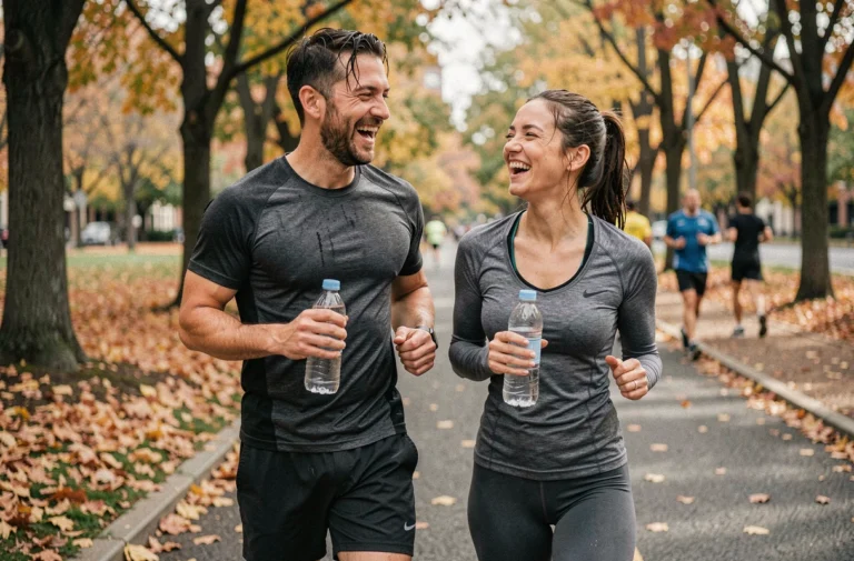 Couple de sportifs riant ensemble après un jogging dans un parc urbain en automne, illustrant la rencontre entre sportifs