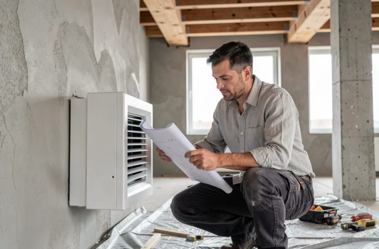 Architecte examinant une unité de ventilation moderne lors d'une rénovation intérieure en 2026
