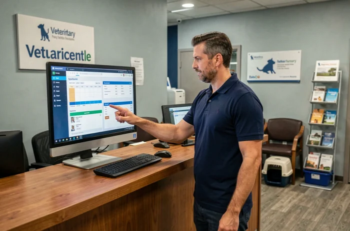Responsable de clinique vétérinaire consultant un tableau de bord de gestion sur écran d'accueil