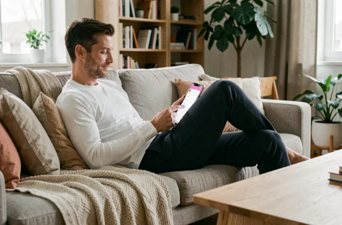 Personne consultan des notifications de revenus passifs sur tablette depuis son canapé dans un salon moderne et décoré