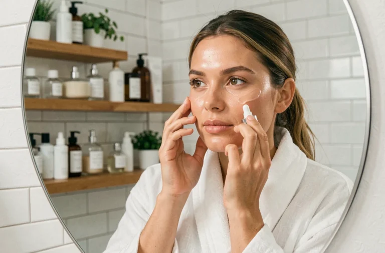 Femme appliquant un sérum sur son visage devant un miroir dans une salle de bain moderne, routine beauté quotidienne