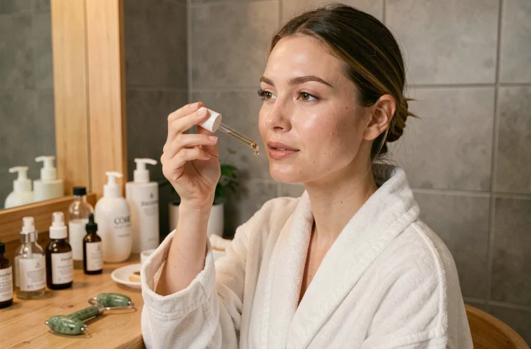 Jeune femme appliquant un sérum visage dans une salle de bain scandinave, produits de soin soigneusement disposés sur une coiffeuse en bois