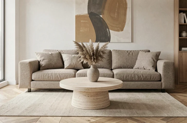 Salon contemporain minimaliste avec canapé en lin grège, table basse en travertin et décoration végétale séchée dans un vase en céramique mate