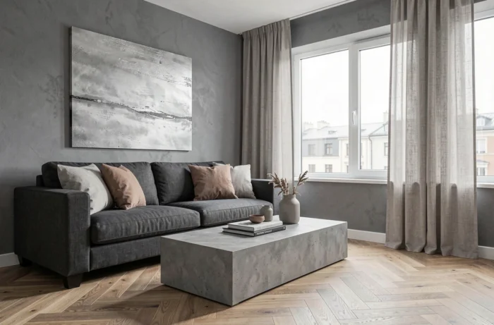 Salon moderne décoré dans des tons de gris avec canapé en lin charbon, table basse en béton et parquet en chêne