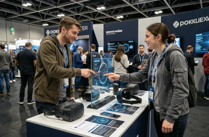 Deux visiteurs discutent des dernières tendances geek et innovations technologiques lors d'un salon high-tech