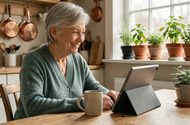 Senior femme souriant lors d'un appel vidéo sur tablette dans sa cuisine, illustration des solutions numériques pour améliorer la vie des personnes âgées