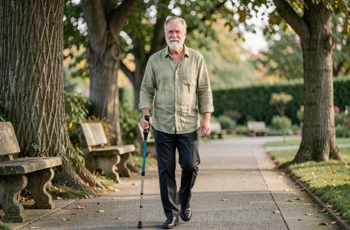 Homme âgé marchant dans un jardin public avec une canne ergonomique, symbolisant les aides à la mobilité pour les seniors