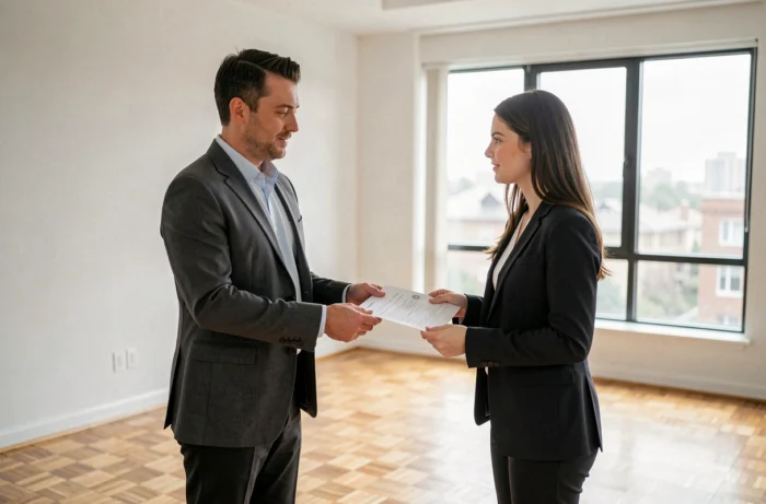 Agent immobilier remettant un contrat de location à une locataire dans un appartement vide