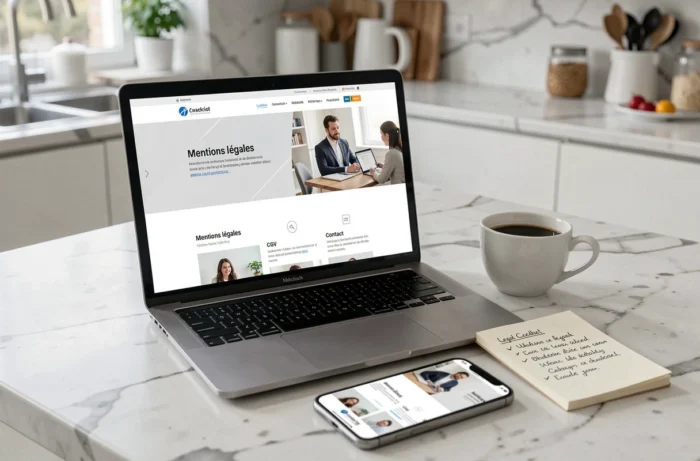 Écran d'ordinateur affichant un site de coaching à domicile avec mentions légales et conditions générales de vente