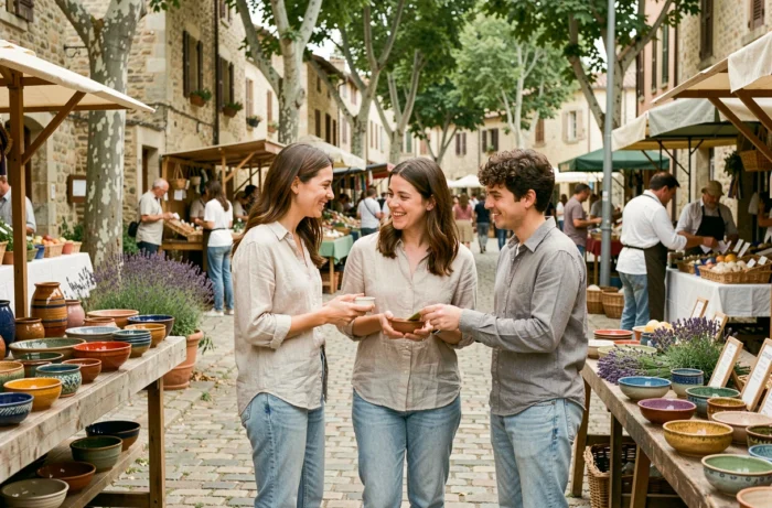 Mère et ses enfants adultes découvrant un marché provençal traditionnel lors d'une sortie en famille