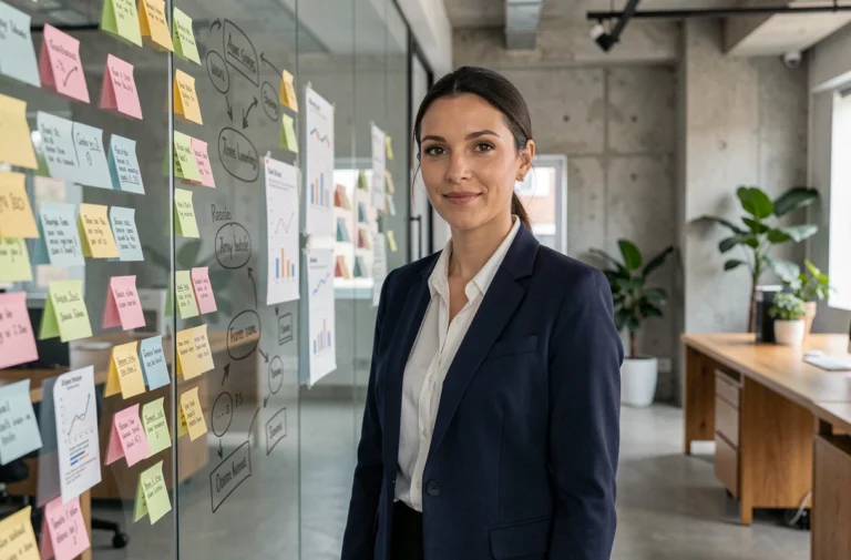 Directrice marketing debout devant un mur de stratégie de communication dans un bureau moderne