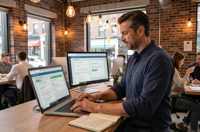 Homme travaillant sur une stratégie SEO dans un espace de coworking avec briques apparentes et écrans d'ordinateur